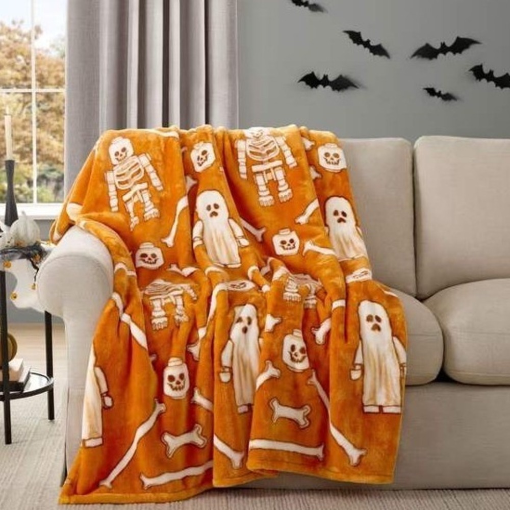 LEGO Halloween Skeleton Silk Touch Throw Blanket Orange 60x70 Plush Fleece NWT